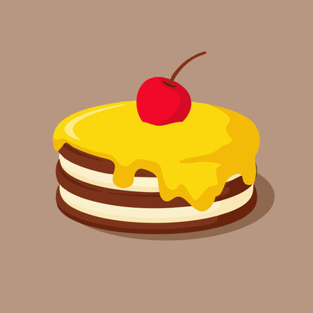 Cake with cream and cherry on a brown background. Vector illustration