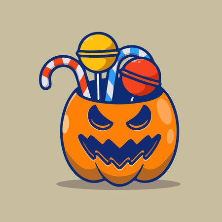Halloween pumpkin with candies and candy canes. Vector illustration.のイラスト素材