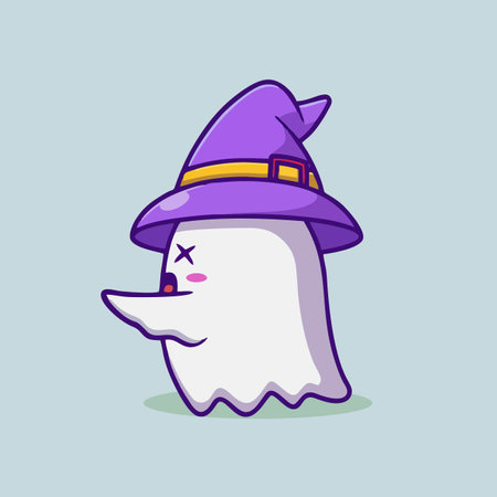 Cute cartoon ghost wearing a witch hat. Halloween vector illustration.のイラスト素材