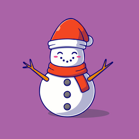 Snowman with red hat and scarf on violet background. Vector illustration.のイラスト素材