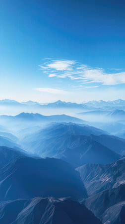 Aerial view of Himalaya mountain range and valley, India.の素材