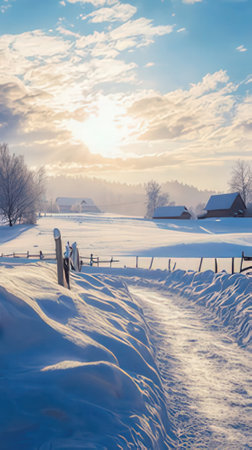 Beautiful winter landscape with snow covered fields and village at sunset.の素材