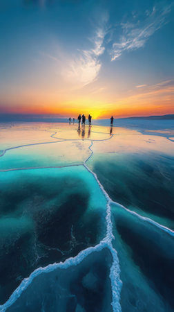 Frozen Lake Baikal in winter at sunset, Siberia, Russiaの素材