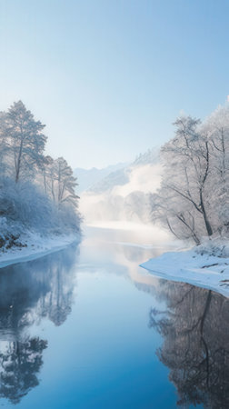 Winter landscape with fog on the river and trees in hoarfrostの素材