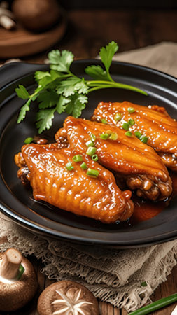 Teriyaki chicken wings in teriyaki sauce with green onionsの素材