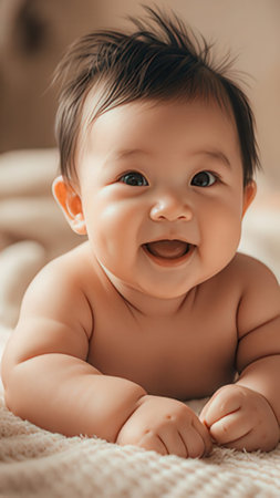 Portrait of cute asian baby lying on bed and smiling.