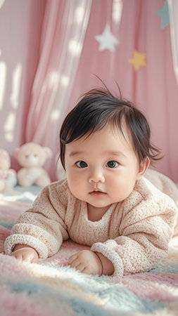 Cute asian baby lying on bed and looking at camera.