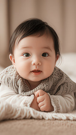 cute asian baby in knitted sweater lying on bed at home