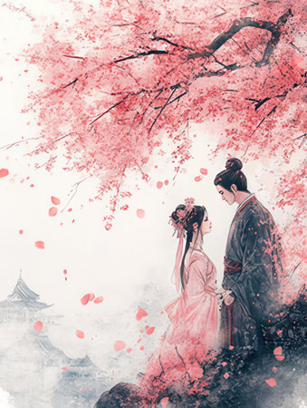 Asian couple in love with cherry blossom background. Digital painting.の素材