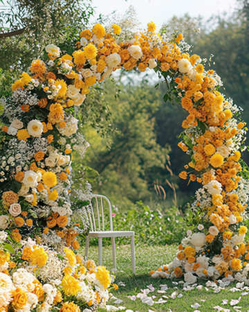 wedding arch decorated with yellow and white roses and white chairの素材