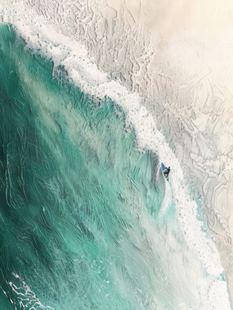Aerial view of a surfer riding a wave in the oceanの素材