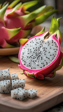 Dragon fruit or pitahaya on wooden table, Healthy food.の素材
