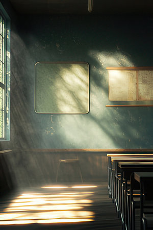 Interior of a school classroom with blackboard and wooden chairs.の素材