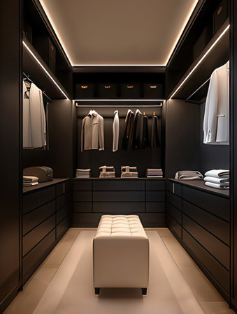 3d render interior of a dressing room with black and brown furnitureの素材