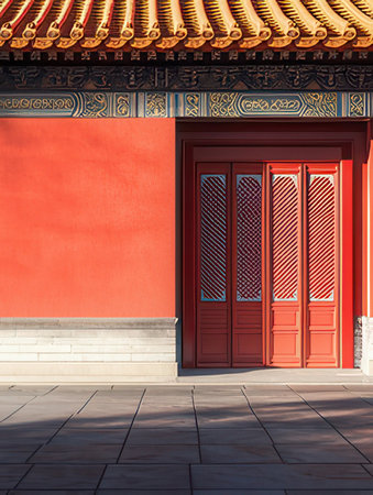 Chinese traditional style wooden door and red wall in the Forbidden City, Beijing, Chinaの素材