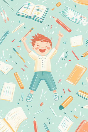 Happy schoolboy jumping with books and pencils. Vector illustration.の素材