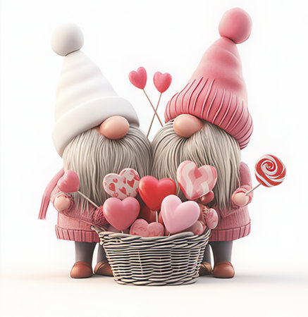 two gnomes in love with a basket of hearts and lollipopsの素材