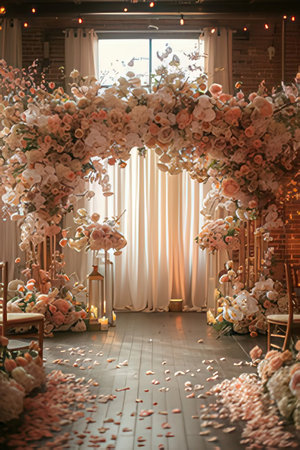 Wedding arch decorated with flowers in a restaurant. Wedding decorの素材