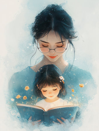 Beautiful asian mother and daughter reading a book. Digital painting.の素材