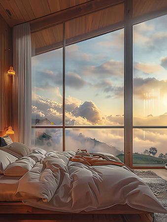 3d rendering of bedroom with window overlooking the mountains at sunset.の素材