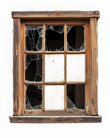 broken window isolated on white background. old wooden window with broken glassの素材