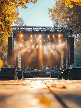 The concert of the rock band on the stage in the autumn parkの素材