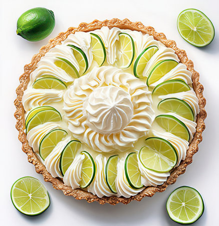 Lime cake with whipped cream and lime slices on a white backgroundの素材