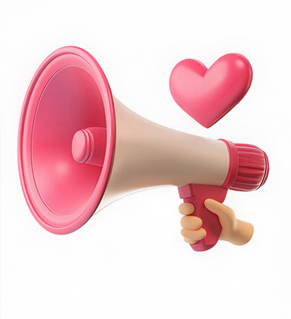 Megaphone with heart isolated on white background. 3d illustrationの素材