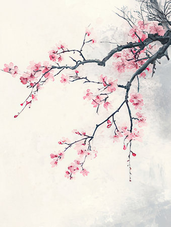 cherry blossom branch with pink flowers on white backgroundの素材
