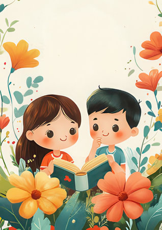 Boy and girl reading a book in the garden. Vector illustration.の素材