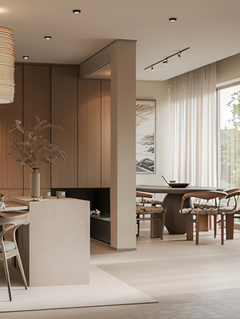 3d rendering modern kitchen and dining room in a luxury house.の素材