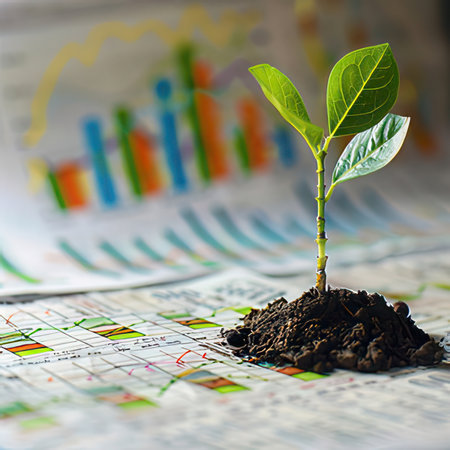 Green sprout growing from soil on business chart background. Ecology conceptの素材