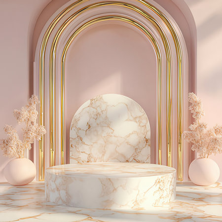 3d render of marble podium with golden arch and flower decoration.の素材