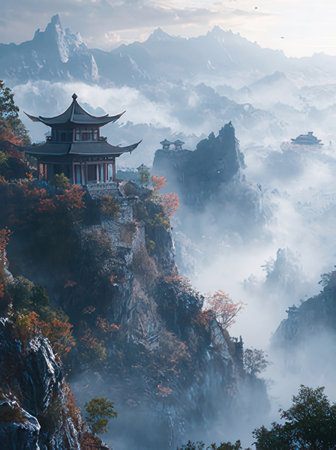 Pagoda on the cliff in the foggy morning, Chinaの素材