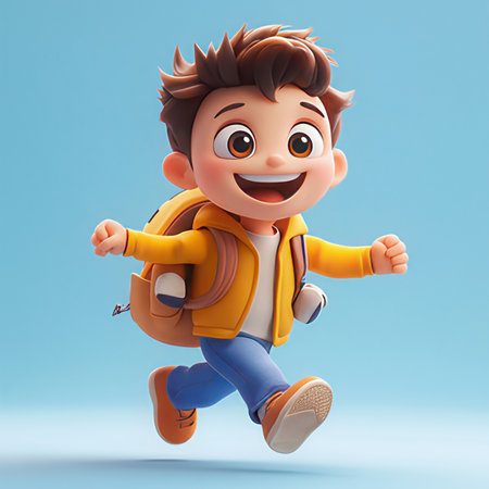 3D Render of a Kid running with a backpack on his backの素材