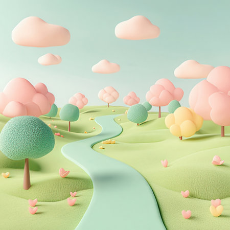 3d rendering of a beautiful landscape with a river, trees and cloudsの素材