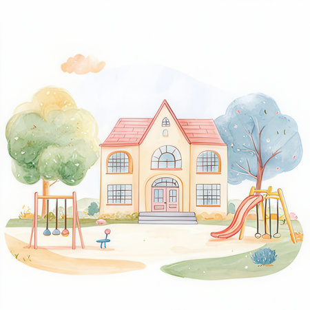 Watercolor illustration of a children's playground with a house and a swingの素材