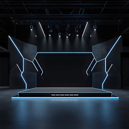 Black exhibition stand with blue neon lights, 3d rendering mock upの素材