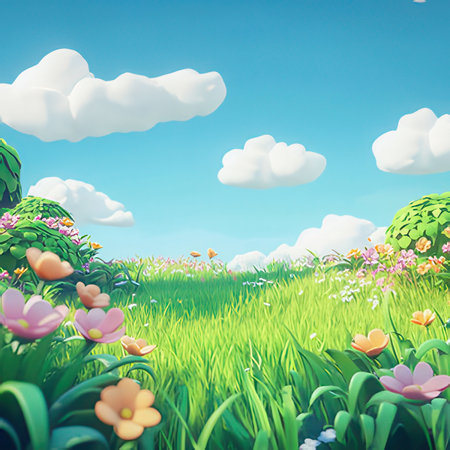 Beautiful spring landscape with green grass and flowers. 3d renderの素材
