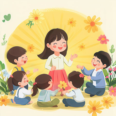 Happy children playing in the garden with flowers. Cute cartoon vector illustration.の素材