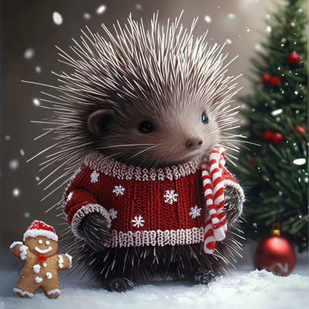 Cute little hedgehog in a knitted sweater with a Christmas tree in the backgroundの素材