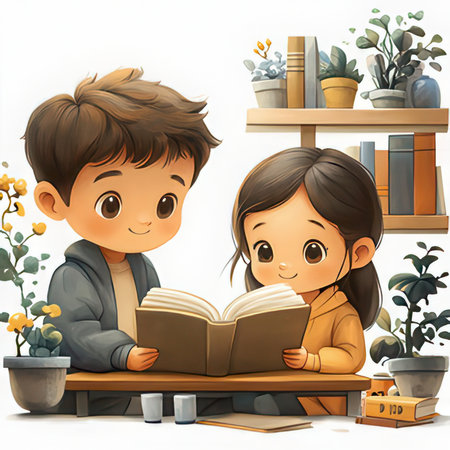 cartoon scene with boy and girl reading a book illustration for childrenの素材