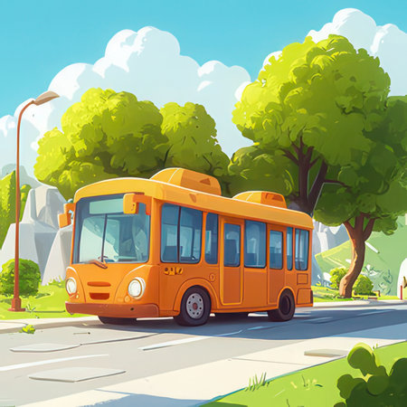 Cartoon school bus on the road in the park. Vector illustrationの素材