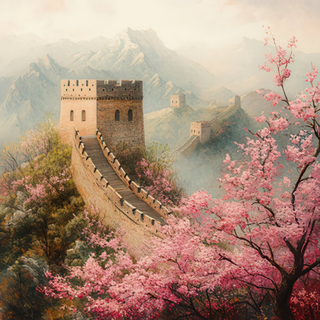 Majestic Great Wall of China with pink cherry blossom treesの素材