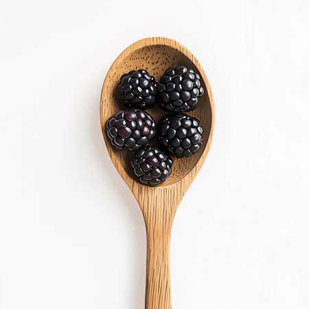 Blackberries in wooden spoon isolated on white background. Top view.の素材