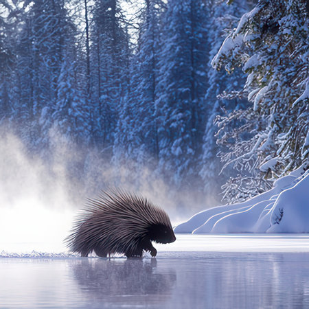 Porcupine on a frozen lake in the winter forest.の素材