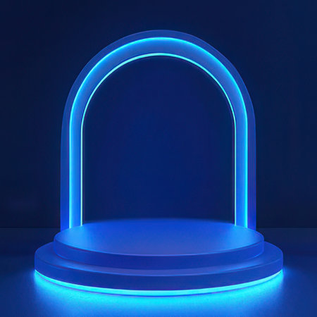 Blue neon podium with arch on dark blue background. 3d renderの素材