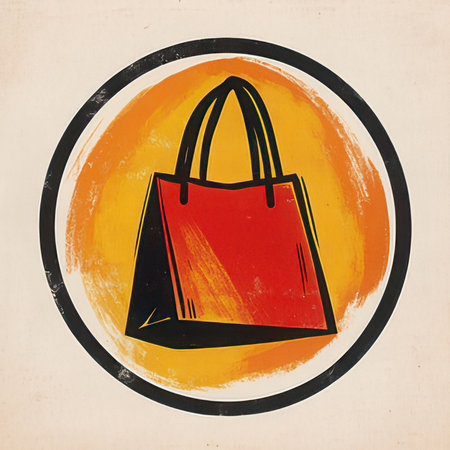 Illustration of hand drawn shopping bag on grunge circle background.の素材