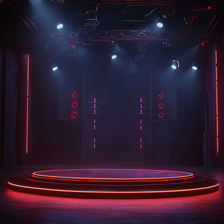 Stage Podium Scene with lighting, Stage Podium Scene with for Award Ceremony illuminated with spotlight.の素材