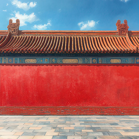 Red wall and tile floor in the Forbidden City, Beijing, Chinaの素材